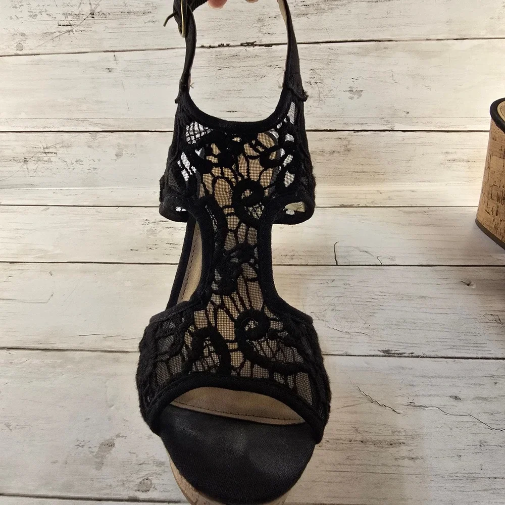 American Eagle Black Lace Cork Wedge Sandals Womens Sz 7 Platform Peep Toe Boho